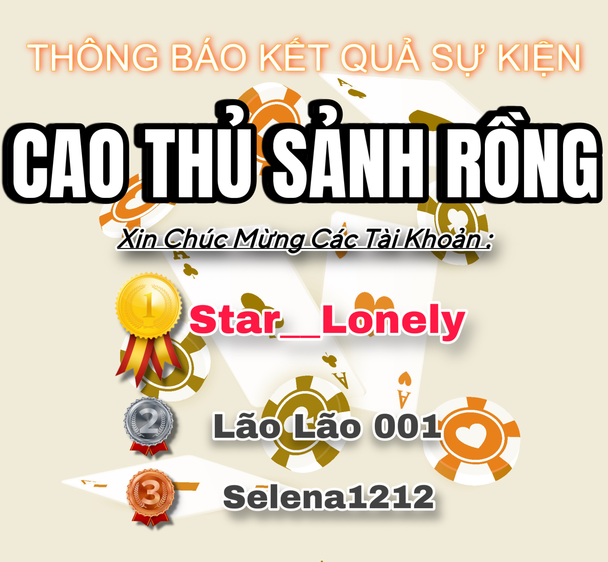 [ THÔNG BÁO ] KẾT QUẢ SỰ KIỆN CAO THỦ SẢNH RỒNG